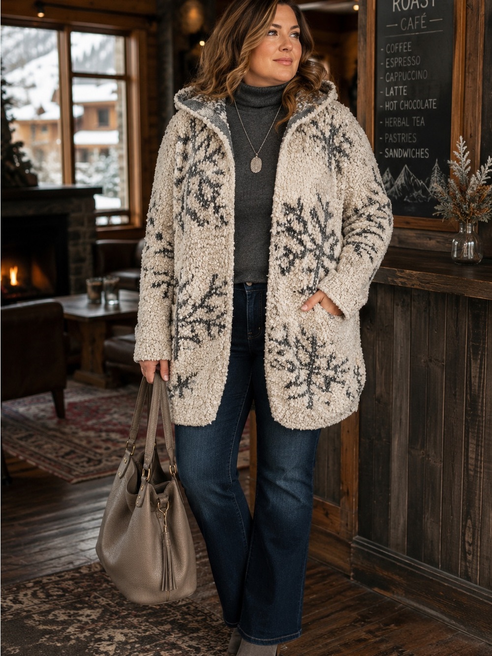 Christian Siriano Cream Teddy Jacket with Gray Snowflake Motif